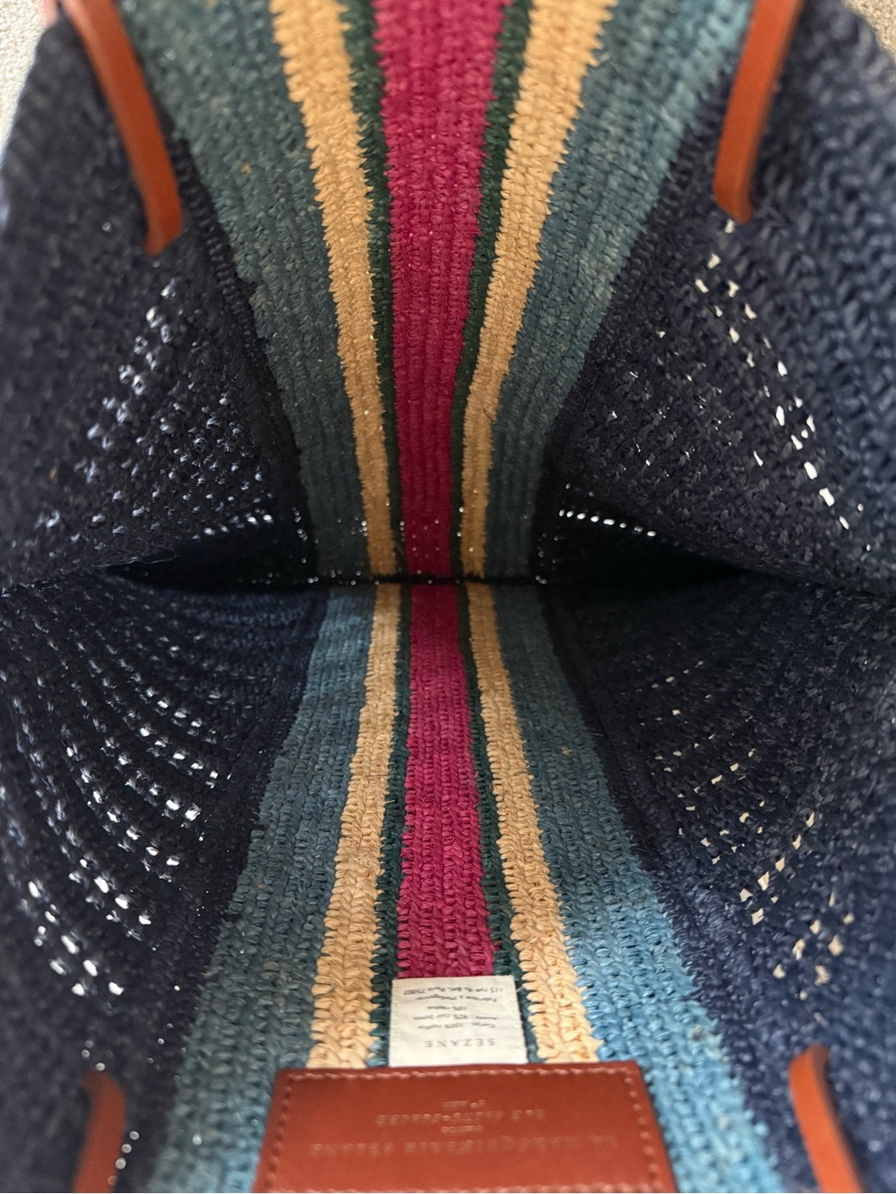Sezane Francisco Basket Bag - Raffia - Navy with Stripes - Leather Handles - Picture 6 of 9